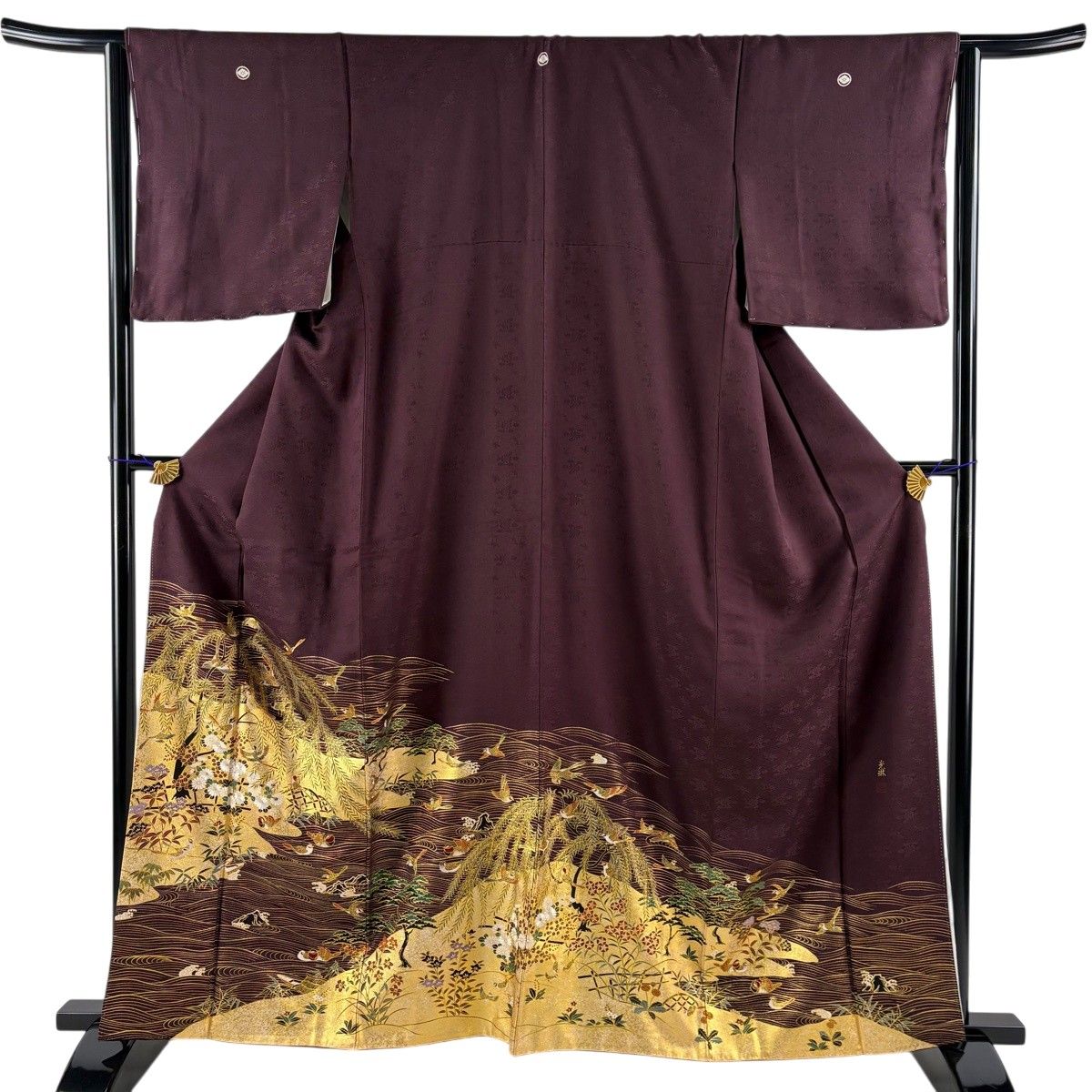 【美品】色留袖 身丈161.5cm 裄丈63.5cm S 袷 松尾光琳 落款あり 花鳥 柳 刺繍 金彩 茶紫 正絹 秀品 【中古】