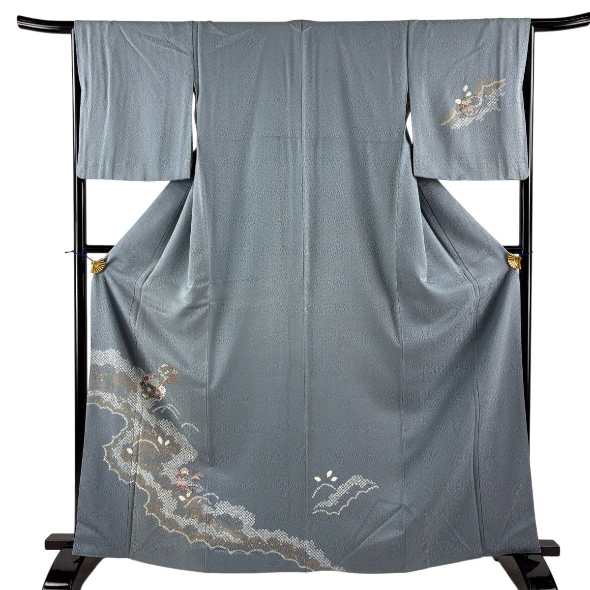 【上質付け下げ】モダン抽象柄／美品／身丈160・裄67／落ち着きある一枚 付下げ 身丈160cm 裄丈66cm M 袷 華文 逆さ雲取り 刺繍 灰色 正絹