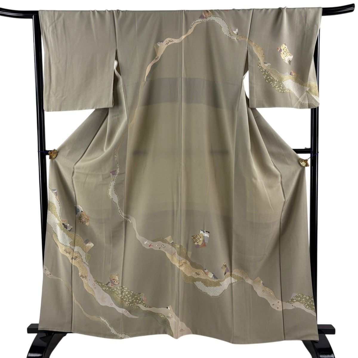 訪問着 身丈162.5cm 裄丈68cm L 袷 破れ色紙 草花 金銀彩 灰緑 正絹 秀品 【中古】