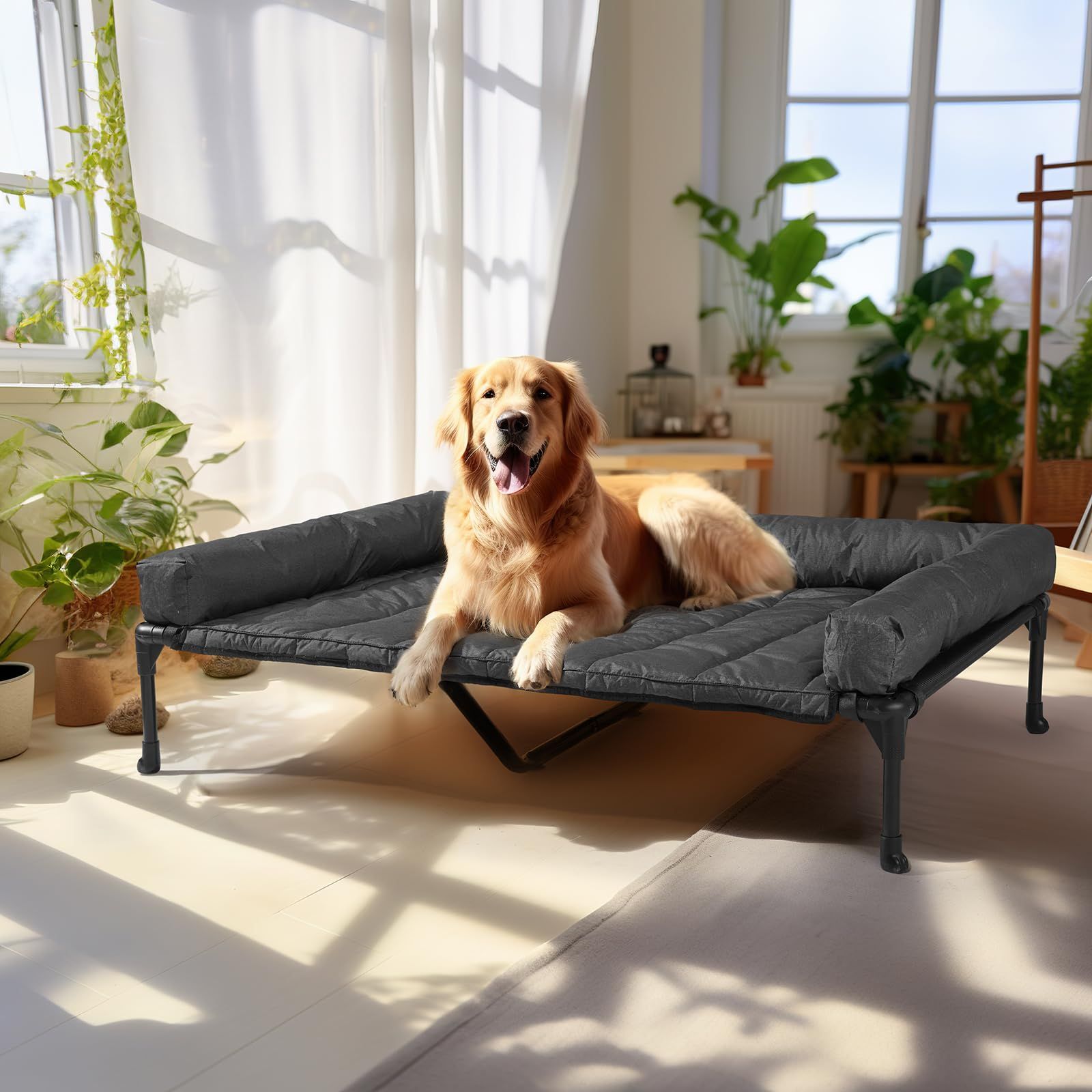 Veehoo犬 ベッドペットベッド大型犬 ベッド高架犬用ベッドドッグコット + 防水取り外し可能ピロートップマット、ボルスター犬用簡易ベッド、通気性メッシュ付き隆起ペットコット、滑り止め足、屋内屋外用犬用ソファベッド犬 コット-125x83cm ブラック