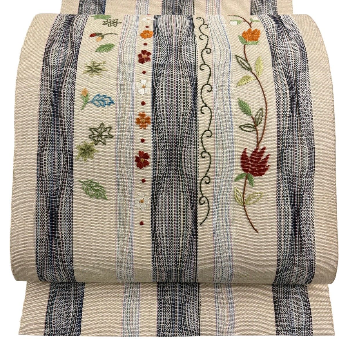 【美品】 名古屋帯 秀品 八寸名古屋帯 松葉仕立て 草花 波 ベージュ 正絹 【中古】