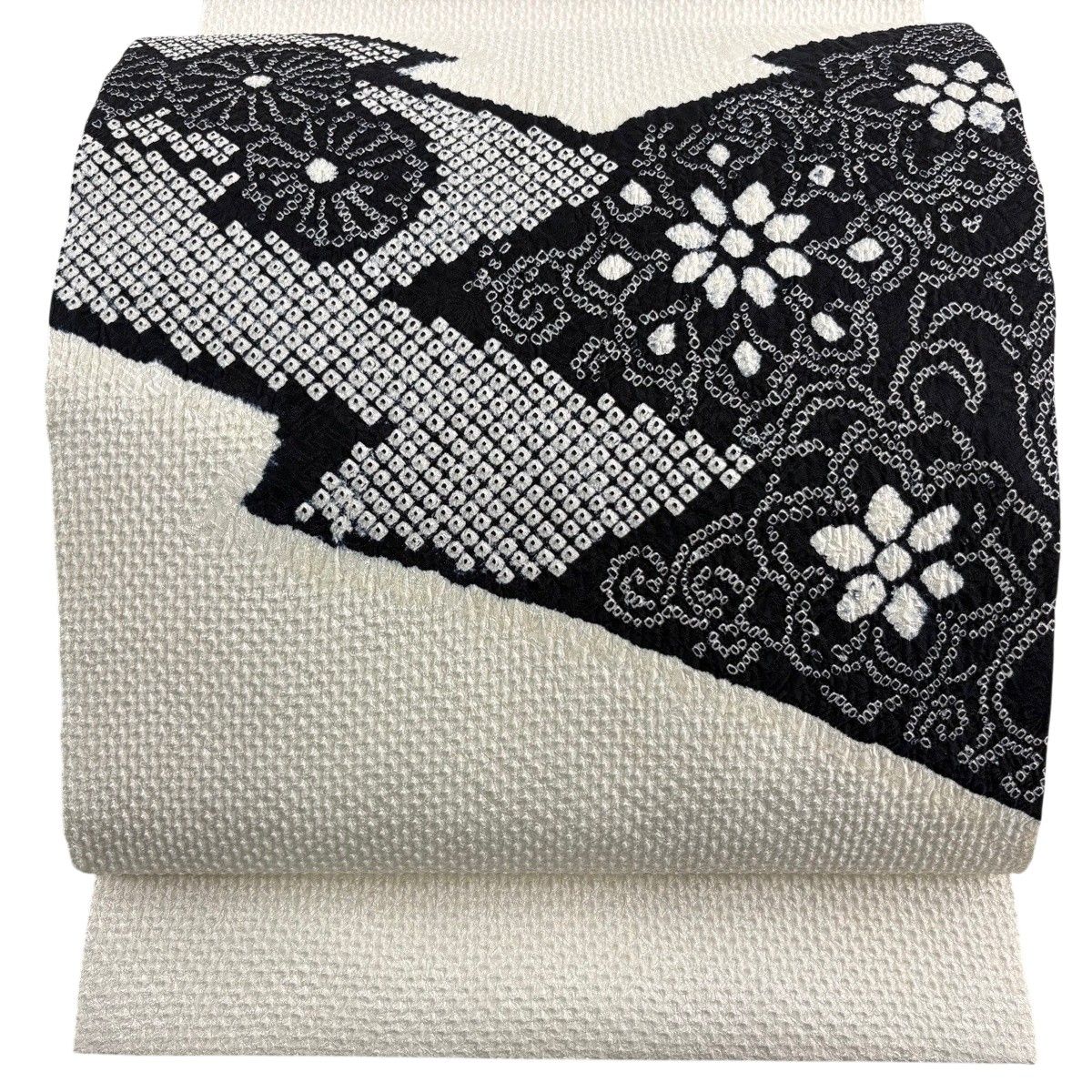 開き名古屋帯 秀品 草花 菊 白 正絹 【中古】