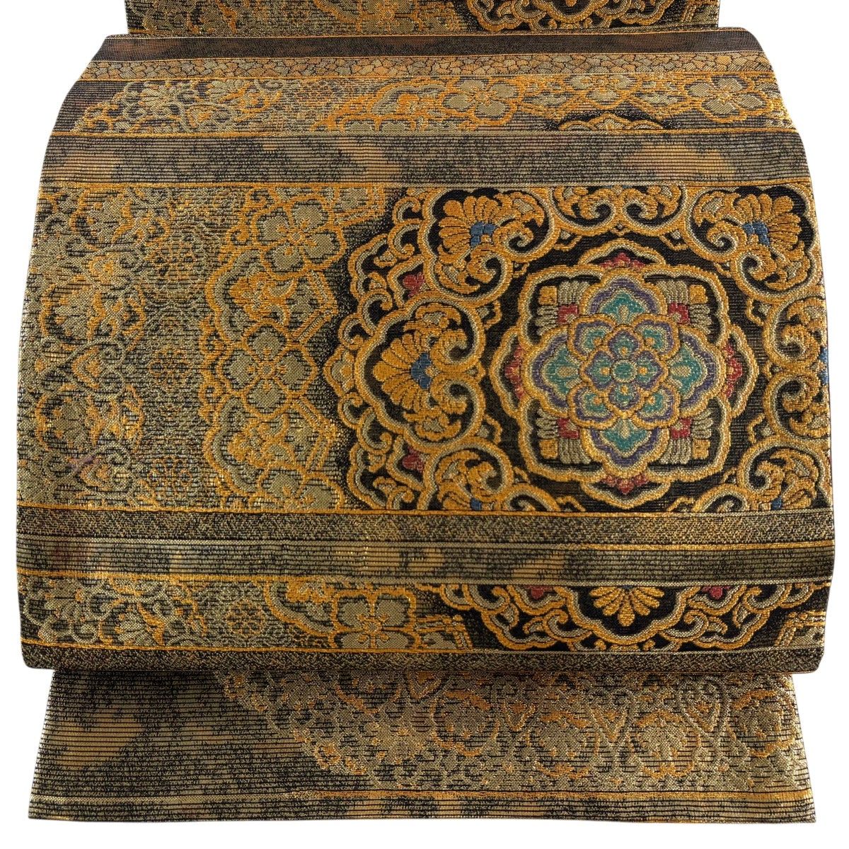 【美品】 袋帯 秀品 華文 縞 金糸 箔 金色 六通 正絹 【中古】