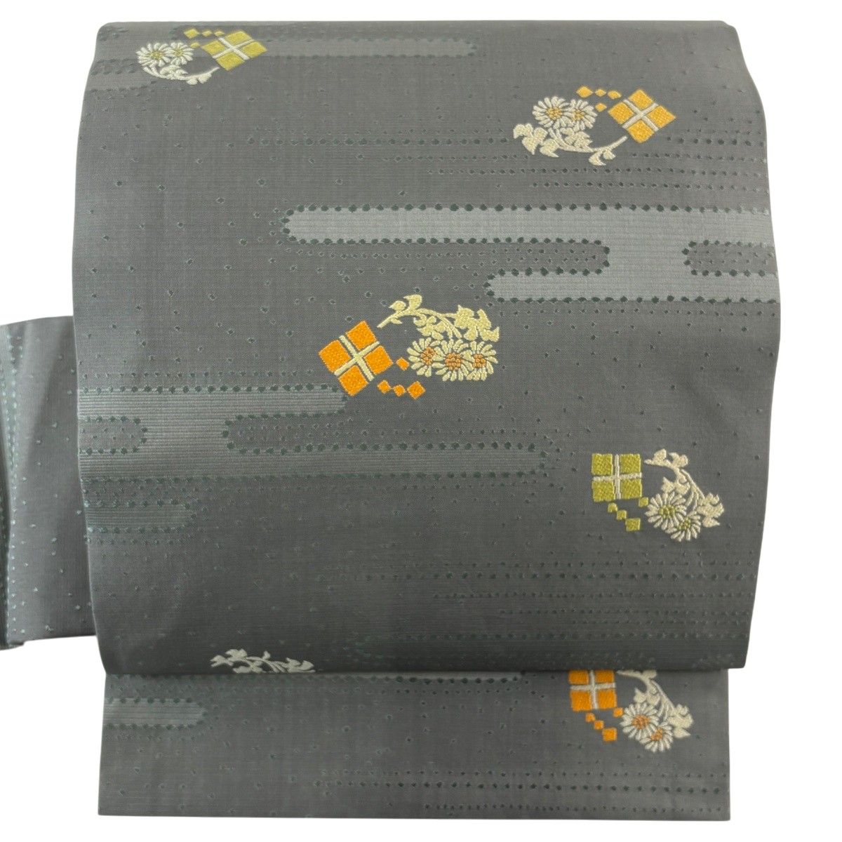【美品】 名古屋帯 秀品 草花 霞 灰緑 正絹 【中古】