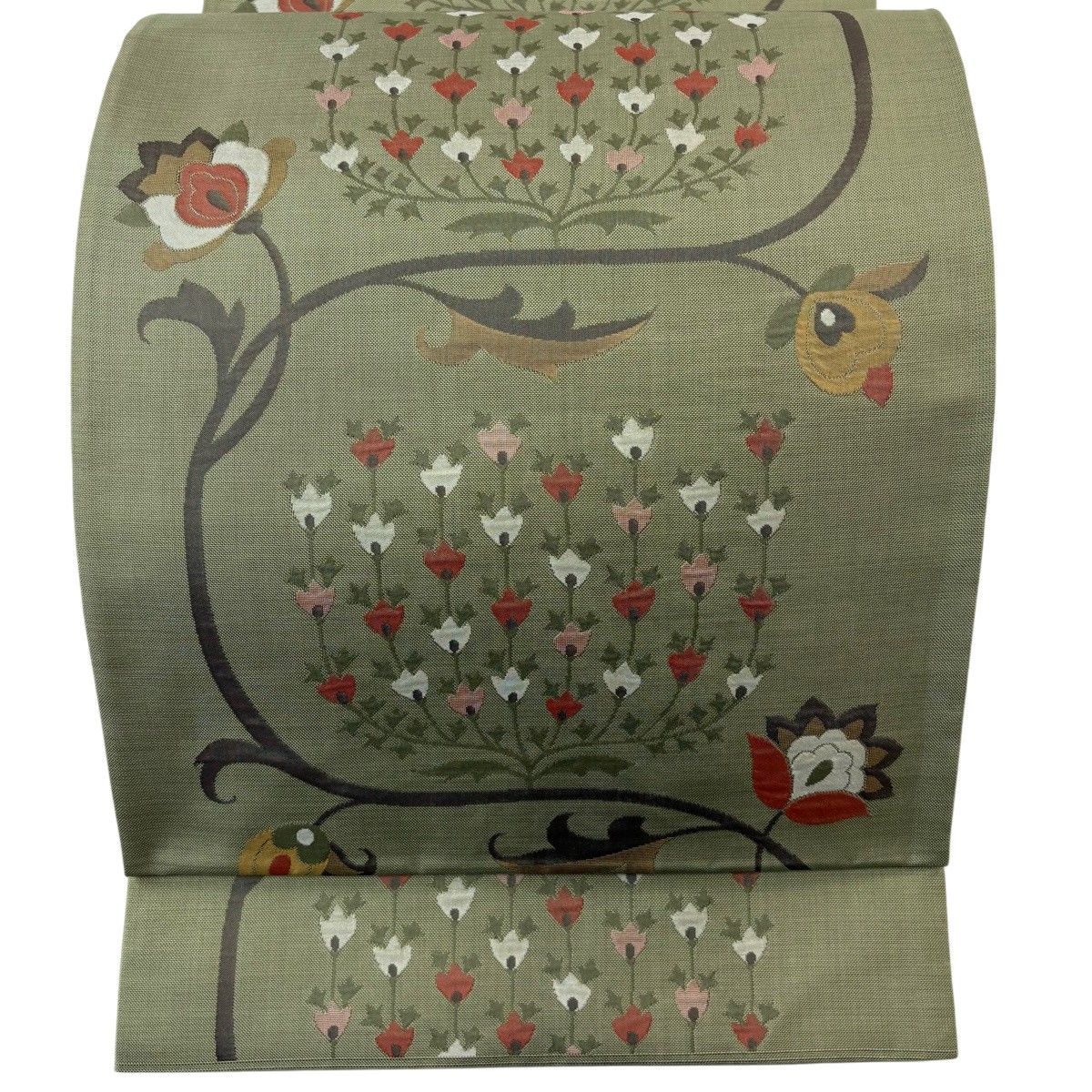 【美品】 袋帯 秀品 木屋太 落款 関西仕立て 草花 灰緑 六通 正絹 【中古】