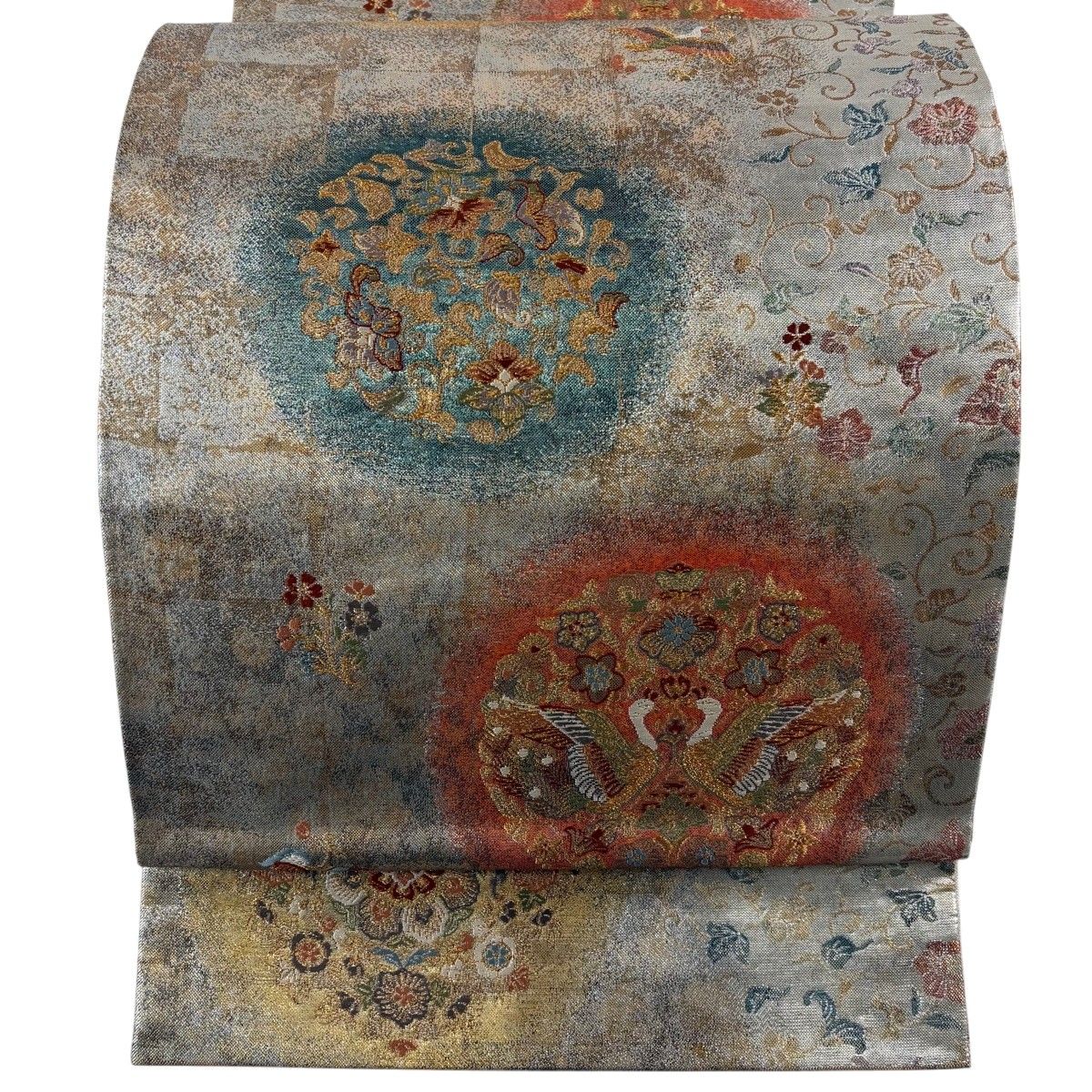 【美品】 袋帯 秀品 関西仕立て 草花 鳥 箔 金糸 銀色 六通 正絹 【中古】