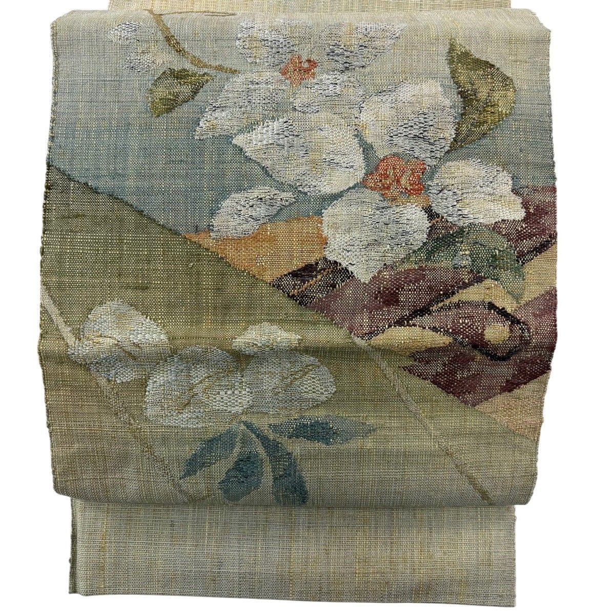 名古屋帯 秀品 八寸名古屋帯 松葉仕立て 枝花 金糸 灰緑 正絹 【