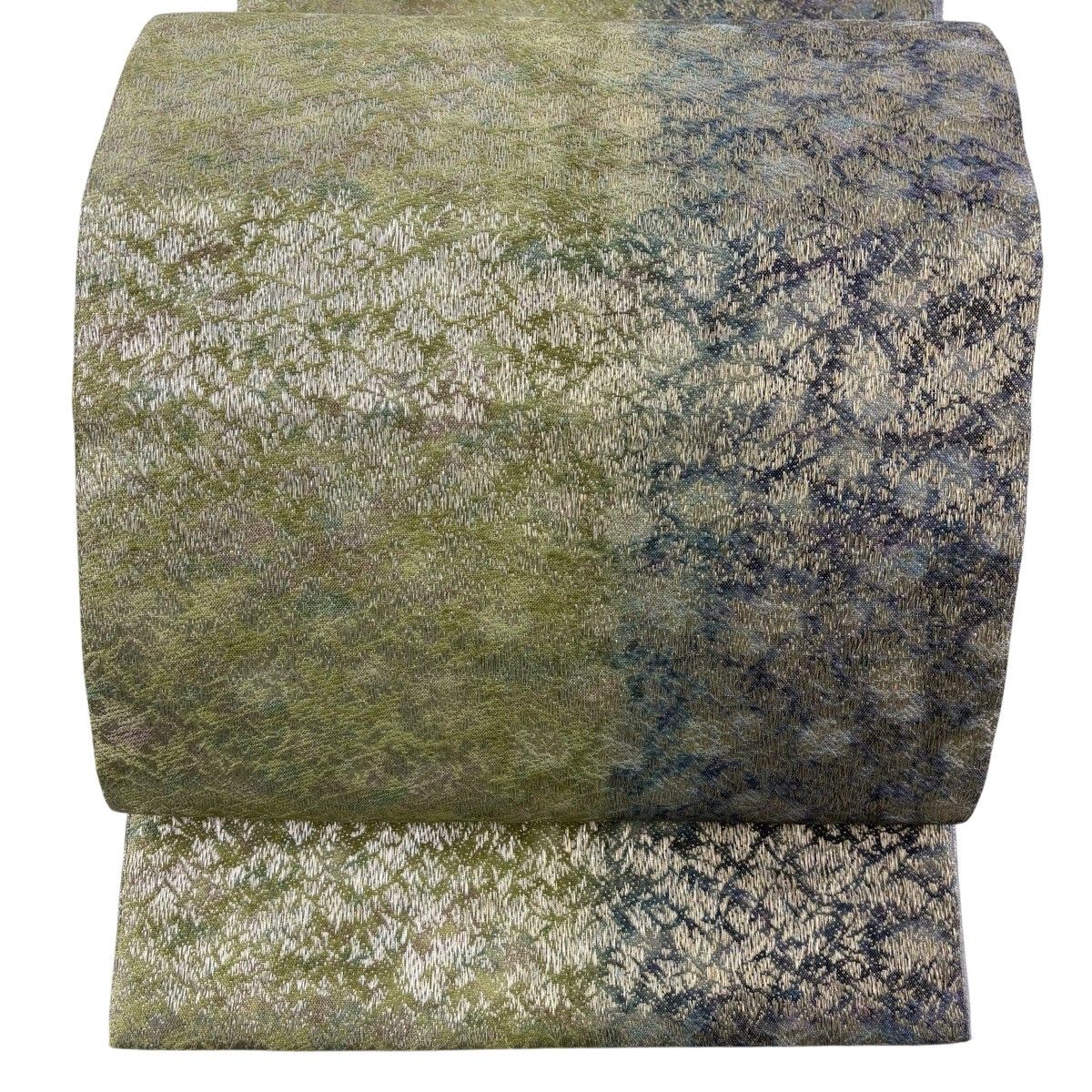 【美品】 袋帯 秀品 幾何学模様 銀通し 箔 抹茶色 全通 正絹 【中古】
