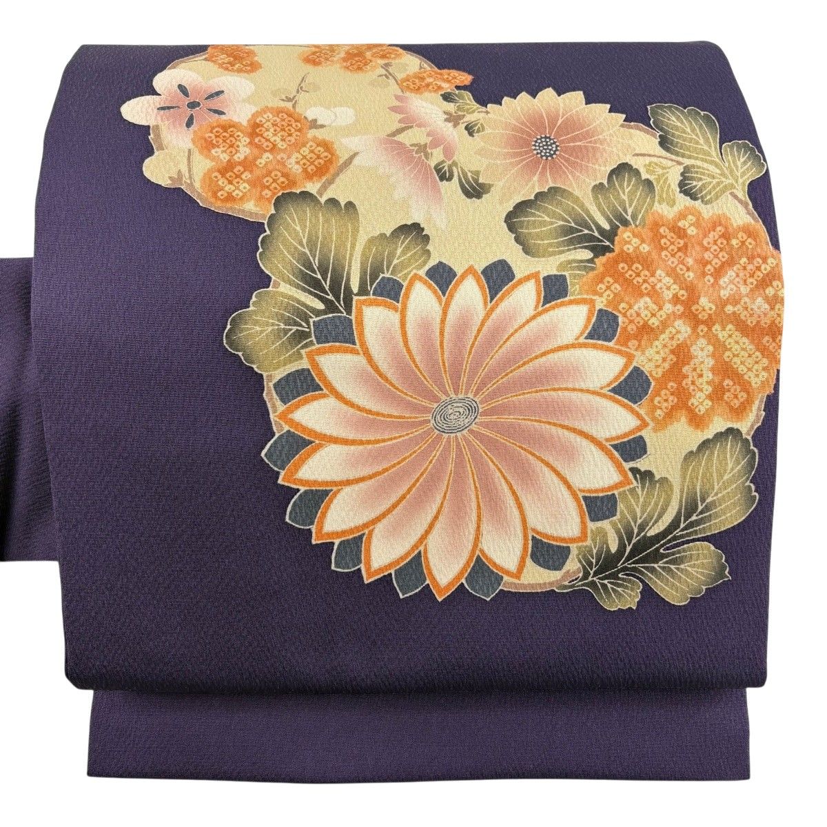 【美品】 名古屋帯 秀品 菊 梅 縮緬 紫 正絹 【中古】