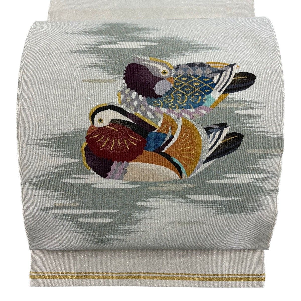【美品】 名古屋帯 秀品 八寸名古屋帯 関西仕立て 鴛鴦 霞 金銀糸 箔 クリーム 正絹 【中古】