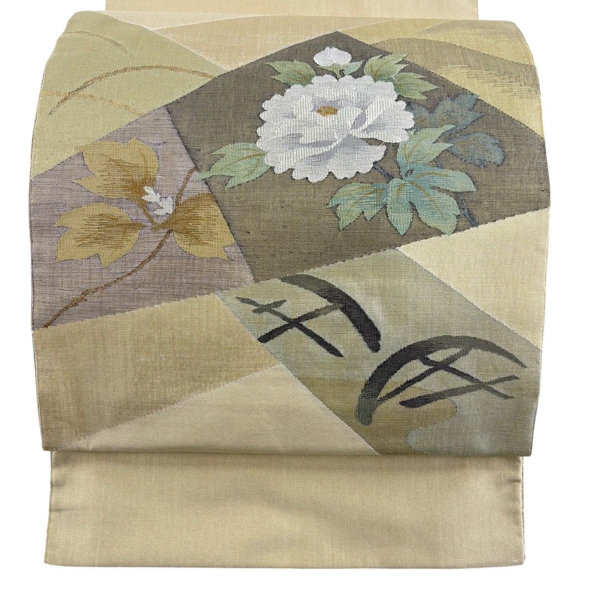 【美品】 袋帯 秀品 牡丹 枝葉 金糸 ベージュ お太鼓柄 正絹 【中古】