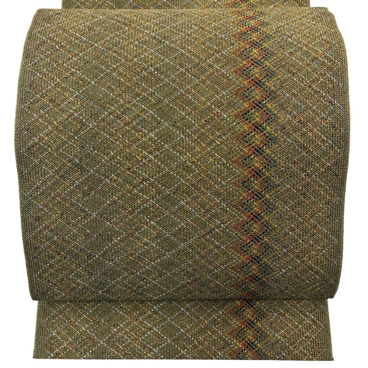 【美品】 名古屋帯 秀品 八寸名古屋帯 松葉仕立て 幾何学模様 金銀糸 鶯色 正絹 【中古】