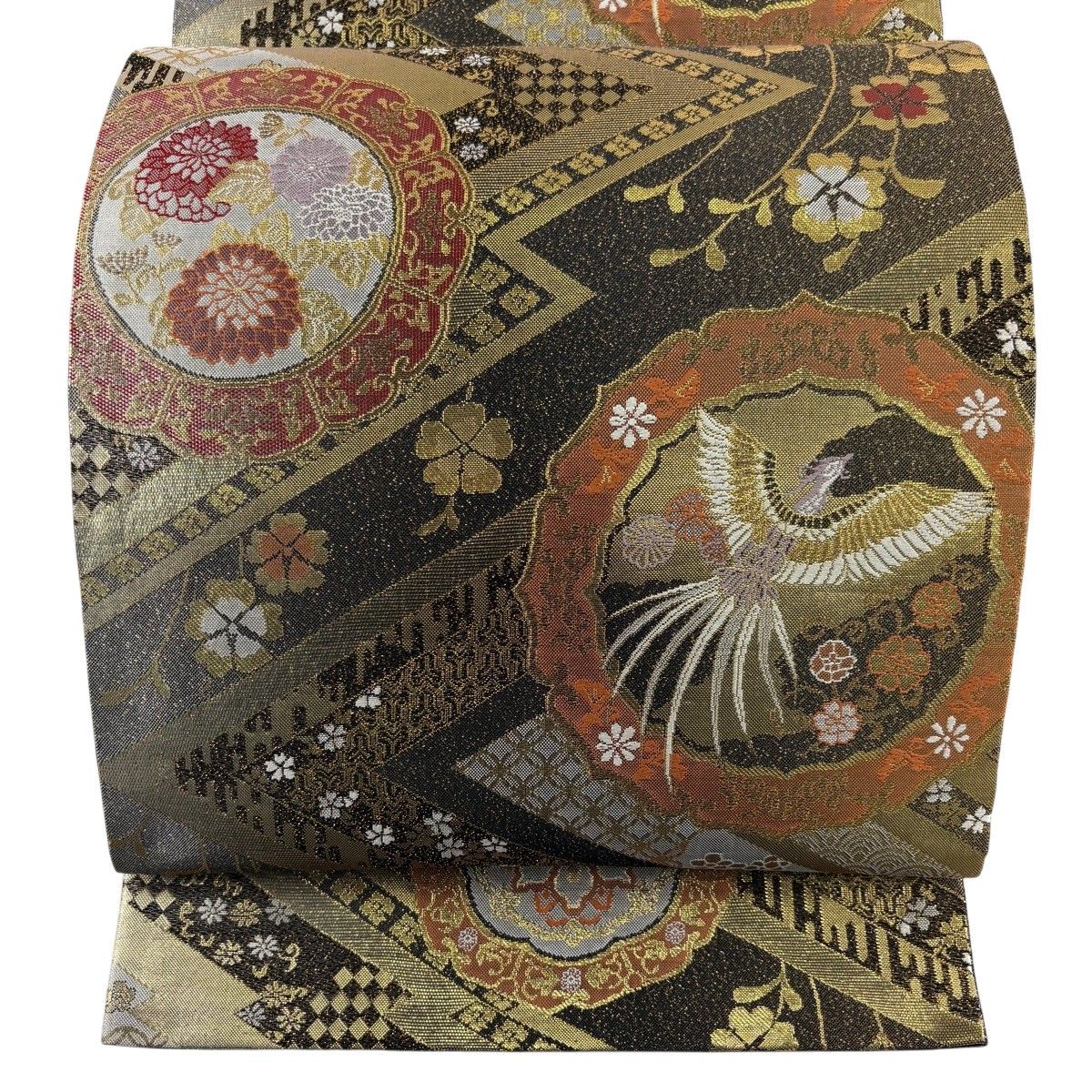【美品】 袋帯 秀品 鏡裏文 草花 箔 金糸 墨色 六通 正絹 【中古】
