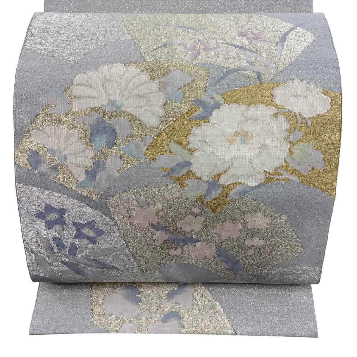 【美品】 袋帯 秀品 扇面 草花 金銀糸 灰色 お太鼓柄 正絹 【中古】