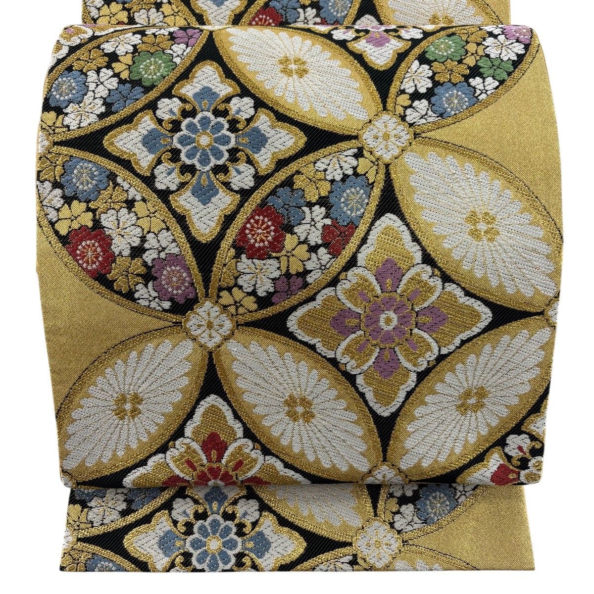 【美品】 袋帯 秀品 振袖向き 七宝 華文 金糸 黒 六通 正絹 【中古】