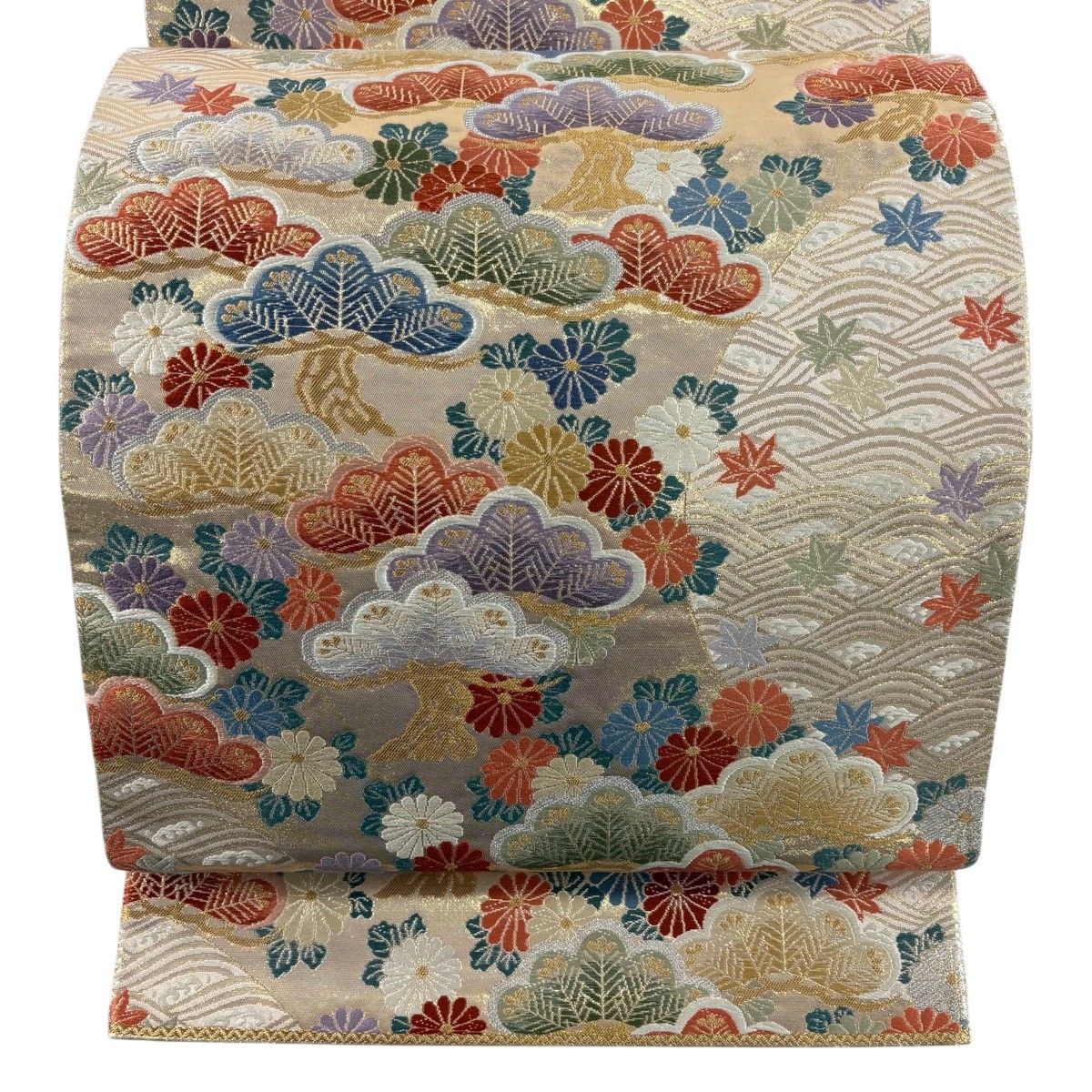 【美品】 袋帯 秀品 関西仕立て 松 菊 箔 金銀糸 金色 六通 正絹 【中古】
