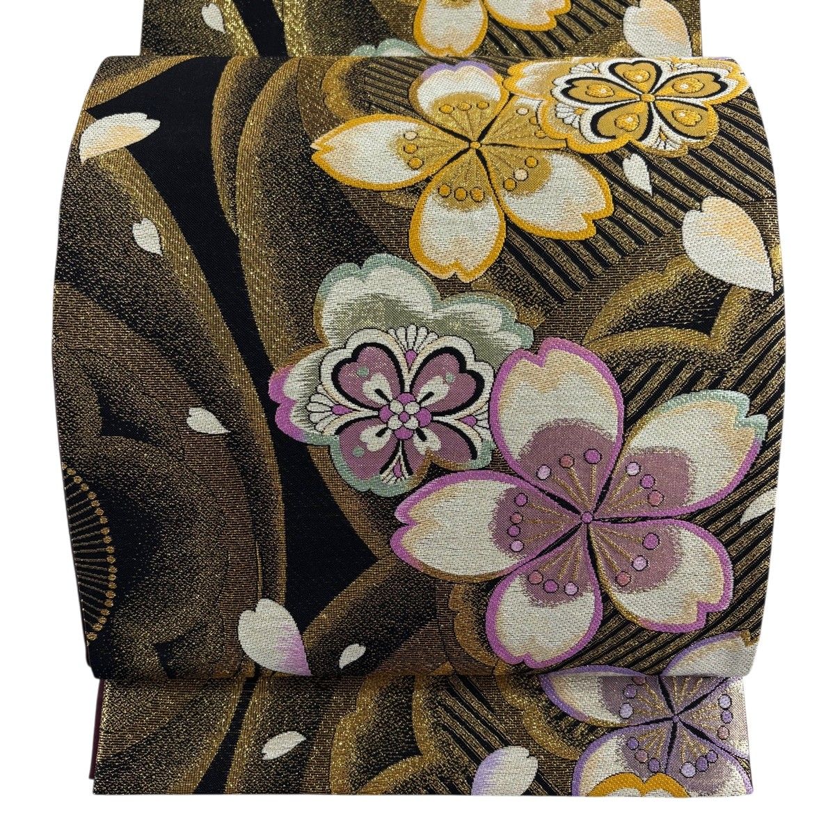 【美品】 袋帯 秀品 振袖向き 桜 花びら 金糸 箔 黒 六通 正絹 【中古】