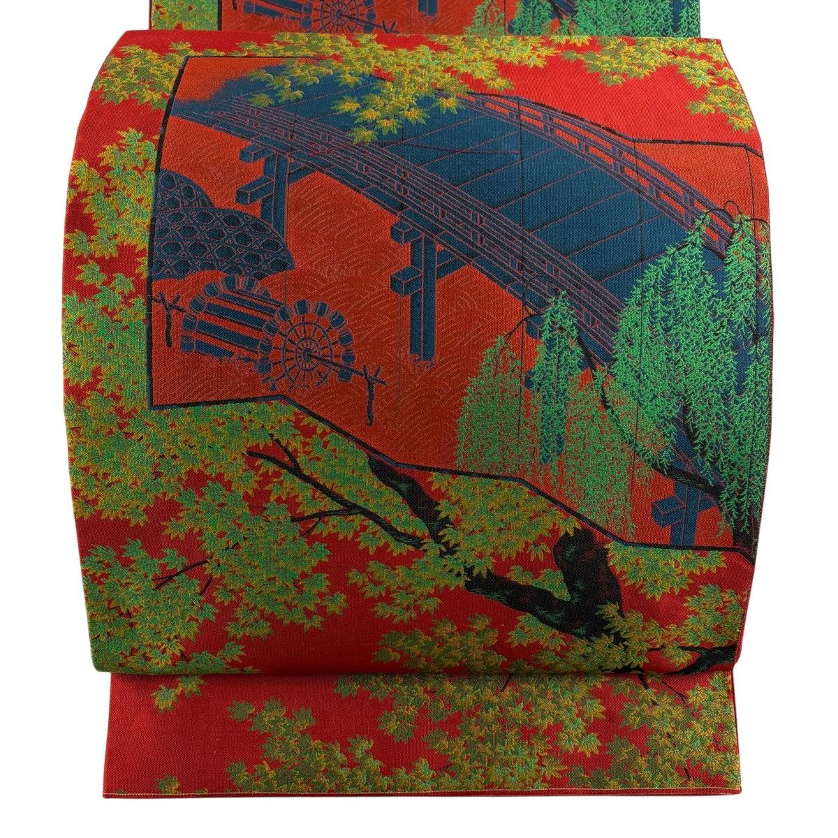 【美品】 袋帯 秀品 落款 萬葉 関西仕立て 橋 紅葉 朱色 全通 正絹 【中古】