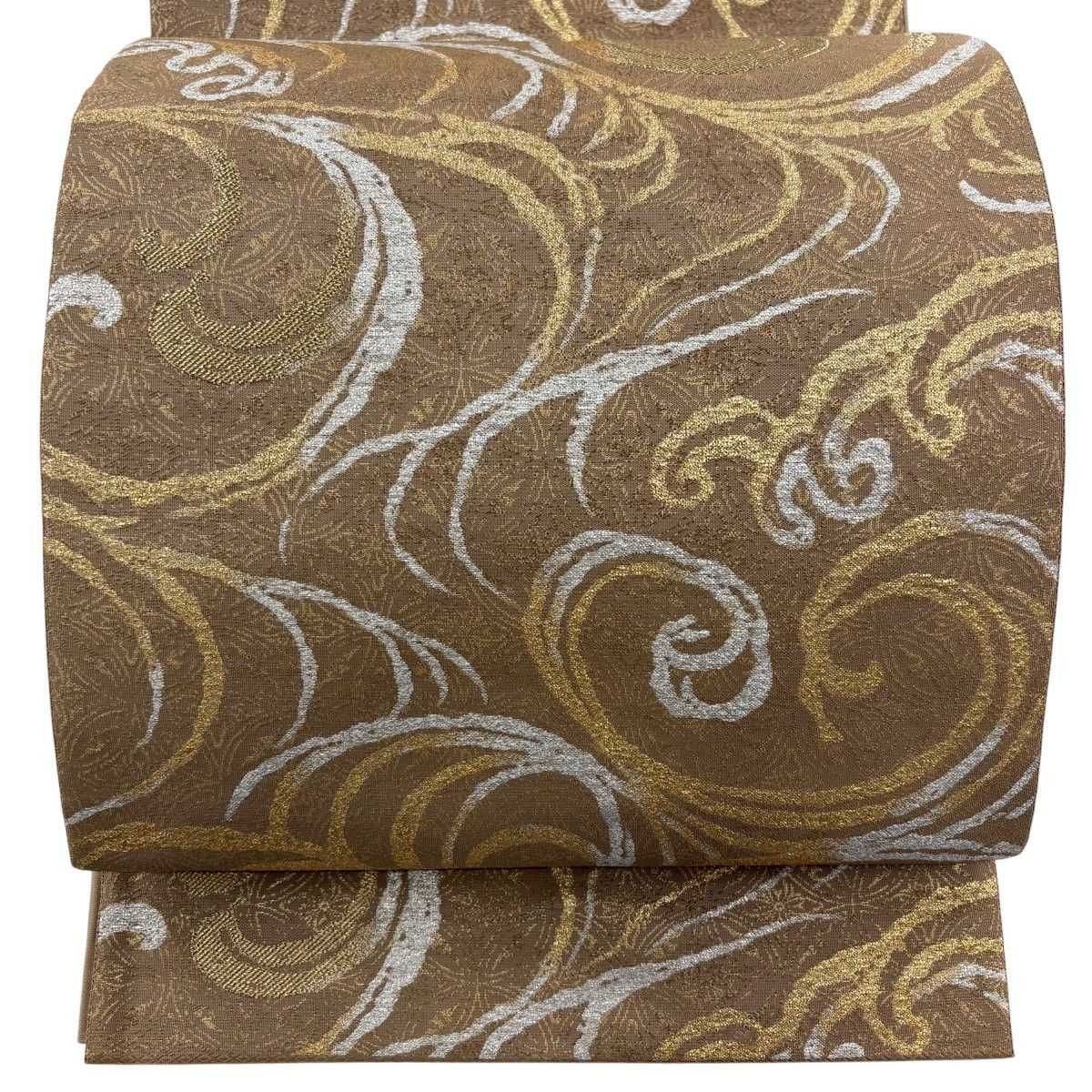 【美品】 袋帯 秀品 唐草 七宝 箔 薄茶色 六通 正絹 【中古】