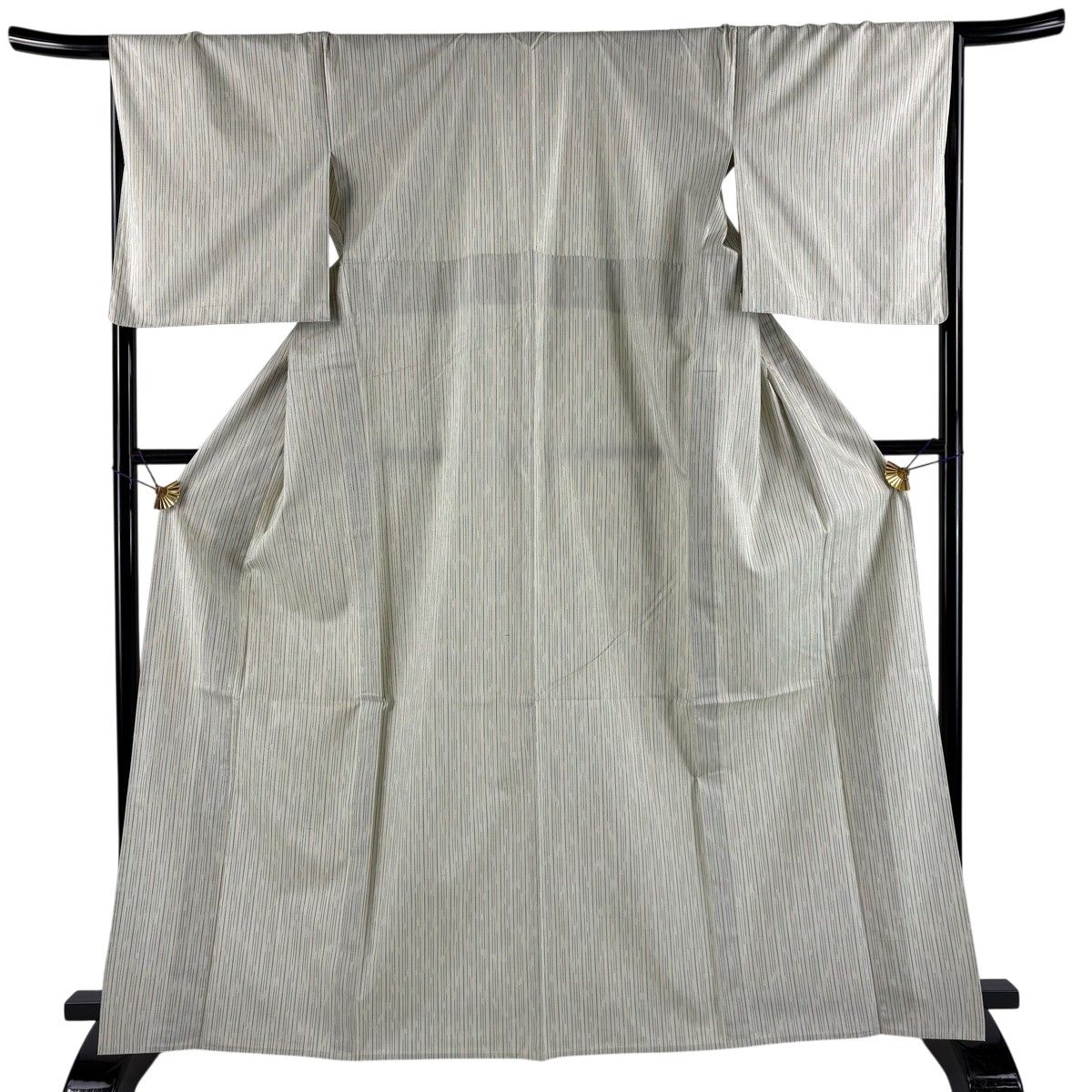 【美品】 紬 身丈164.5cm 裄丈67.5cm L 単衣 縦縞模様 灰緑 正絹 秀品 【中古】