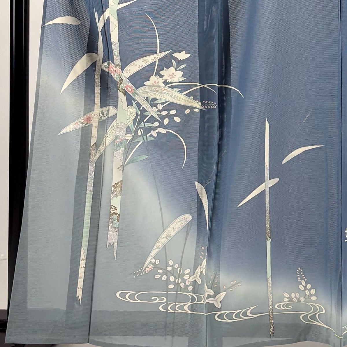 訪問着 身丈161.5cm 裄丈66.5cm M 薄物 絽 竹 秋草文 金銀彩 ぼかし 青灰色 正絹 秀品 【中古】