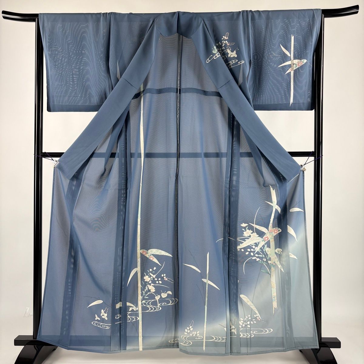 訪問着 身丈161.5cm 裄丈66.5cm M 薄物 絽 竹 秋草文 金銀彩 ぼかし 青灰色 正絹 秀品 【中古】