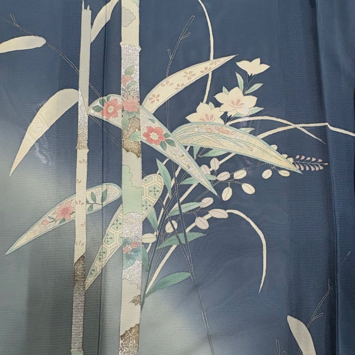 訪問着 身丈161.5cm 裄丈66.5cm M 薄物 絽 竹 秋草文 金銀彩 ぼかし 青灰色 正絹 秀品 【中古】