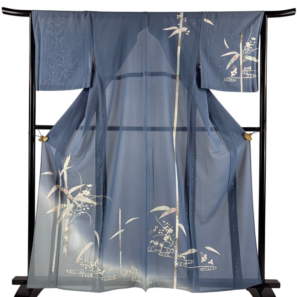 訪問着 身丈161.5cm 裄丈66.5cm M 薄物 絽 竹 秋草文 金銀彩 ぼかし 青灰色 正絹 秀品 【中古】