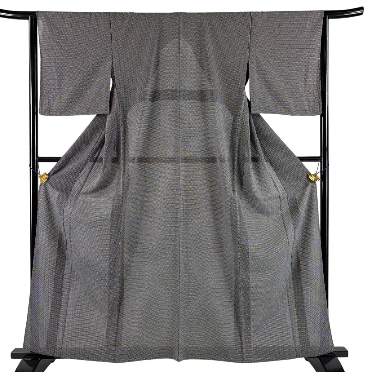 【美品】 小紋 身丈160.5cm 裄丈64cm M 薄物 絽 幾何学模様 黒灰 正絹 秀品 【中古】