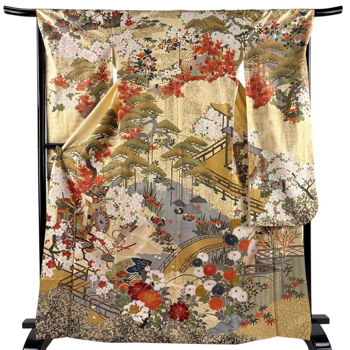 振袖 身丈167.5cm 裄丈67.5cm L 袷 御所車 松竹梅 金糸 金彩 ベージュ 正絹 秀品 【中古】