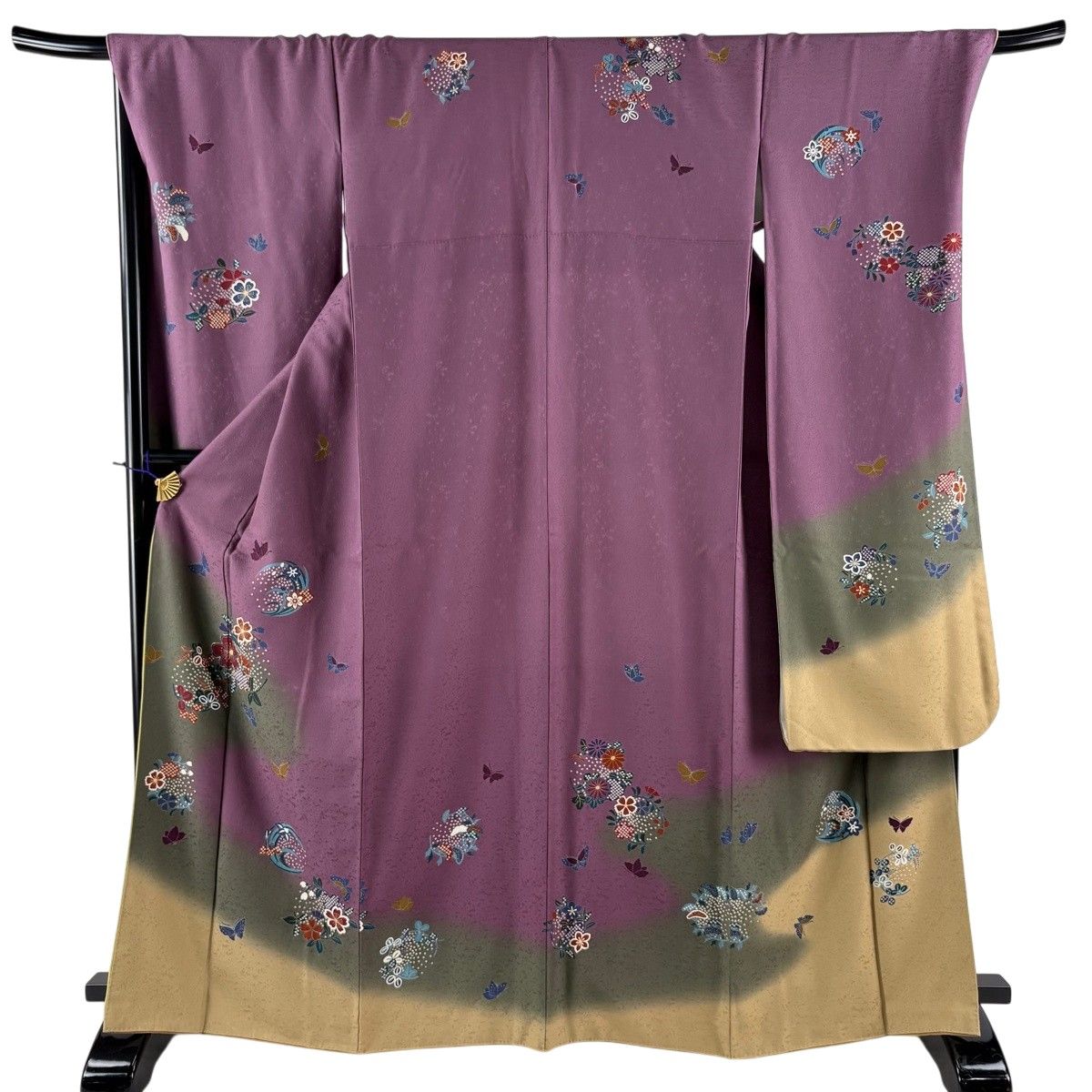 振袖 身丈166cm 裄丈71cm L 袷 花丸文 蝶 金糸 金彩 紫 正絹 秀品 【中古】