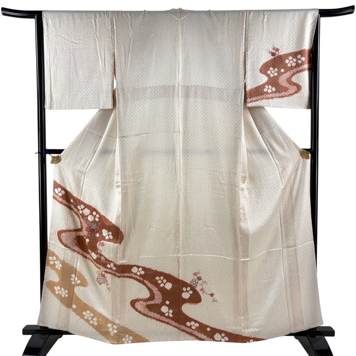 訪問着 身丈161cm 裄丈64.5cm M 単衣 鈴乃屋 花籠 霞 刺繍 絞り ベージュ 正絹 秀品 【中古】