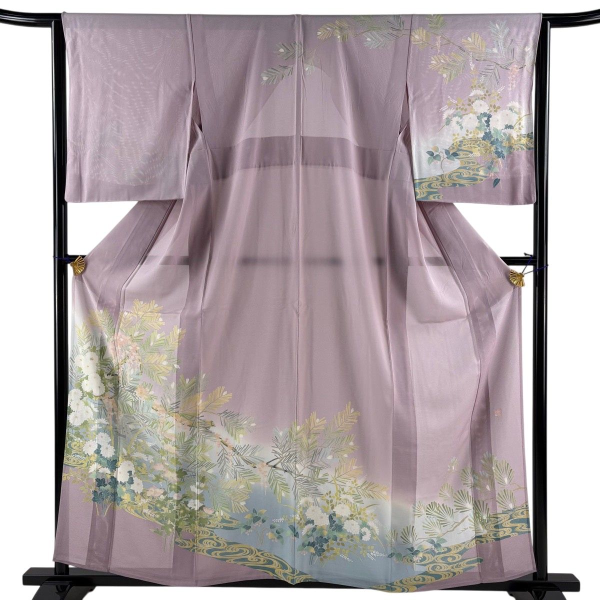 訪問着 身丈158cm 裄丈63cm S 薄物 絽 落款 若松 草花 染め分け ぼかし 薄紫 正絹 秀品 【中古】