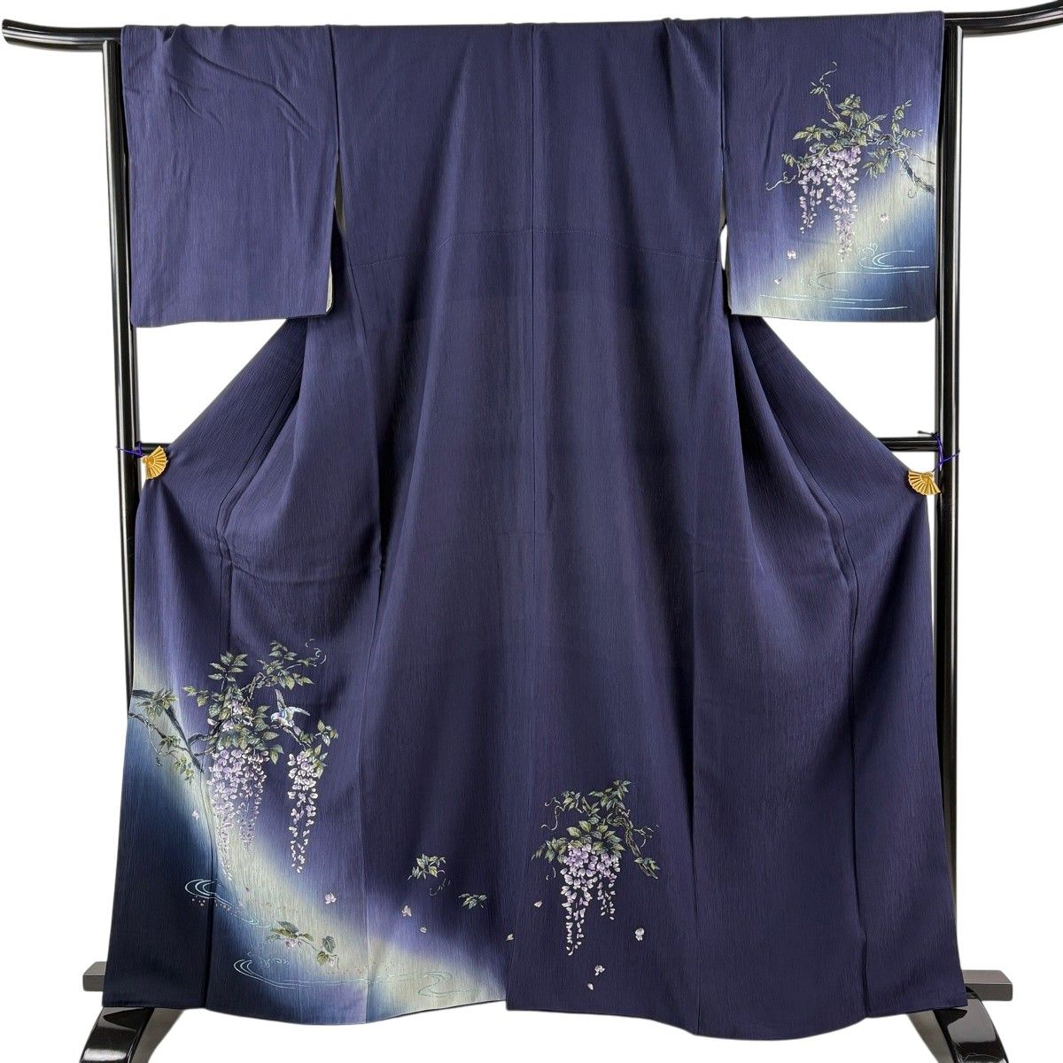 【美品】 付下げ 身丈161.5cm 裄丈67cm M 袷 藤 鳥 金銀彩 ぼかし 紺色 正絹 秀品 【中古】