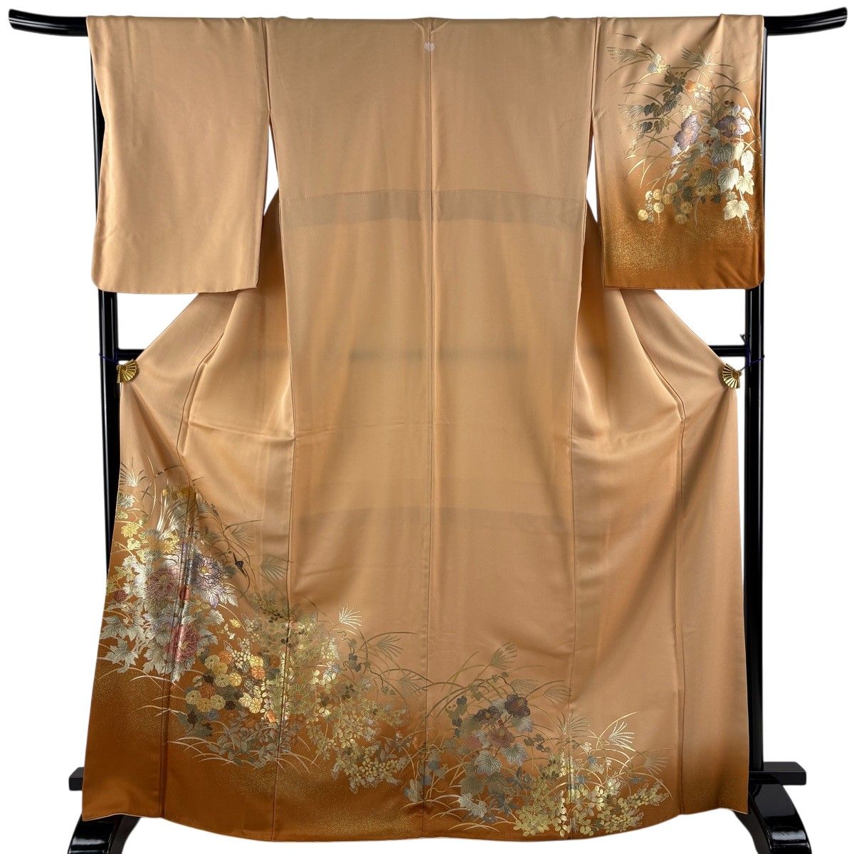 訪問着 身丈169.5cm 裄丈67.5cm L 袷 草花 蝶 金銀彩 螺鈿 薄茶色 正絹 秀品 一つ紋 【中古】