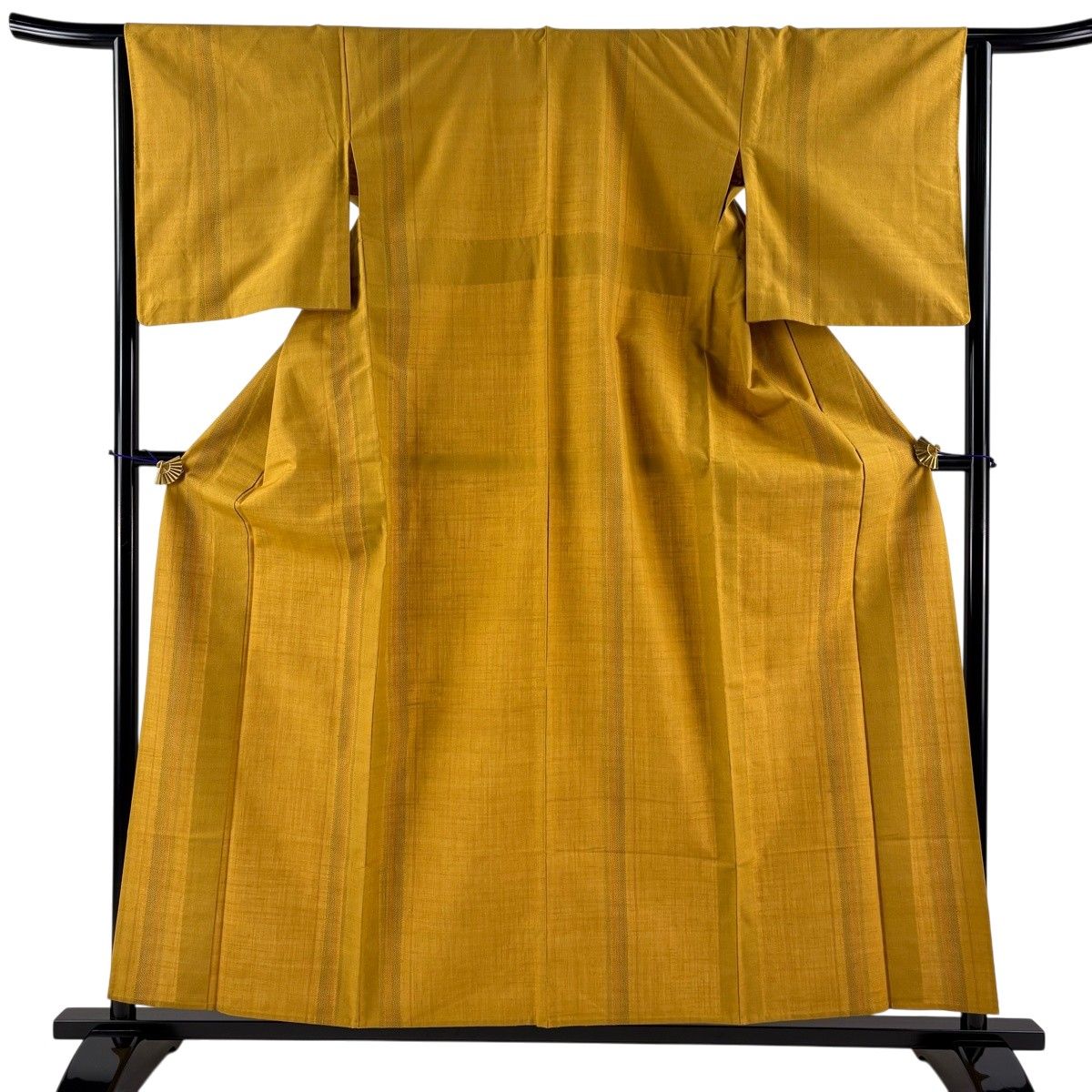【美品】 紬 身丈158cm 裄丈64cm M 単衣 縦縞 山吹茶色 正絹 秀品 【中古】
