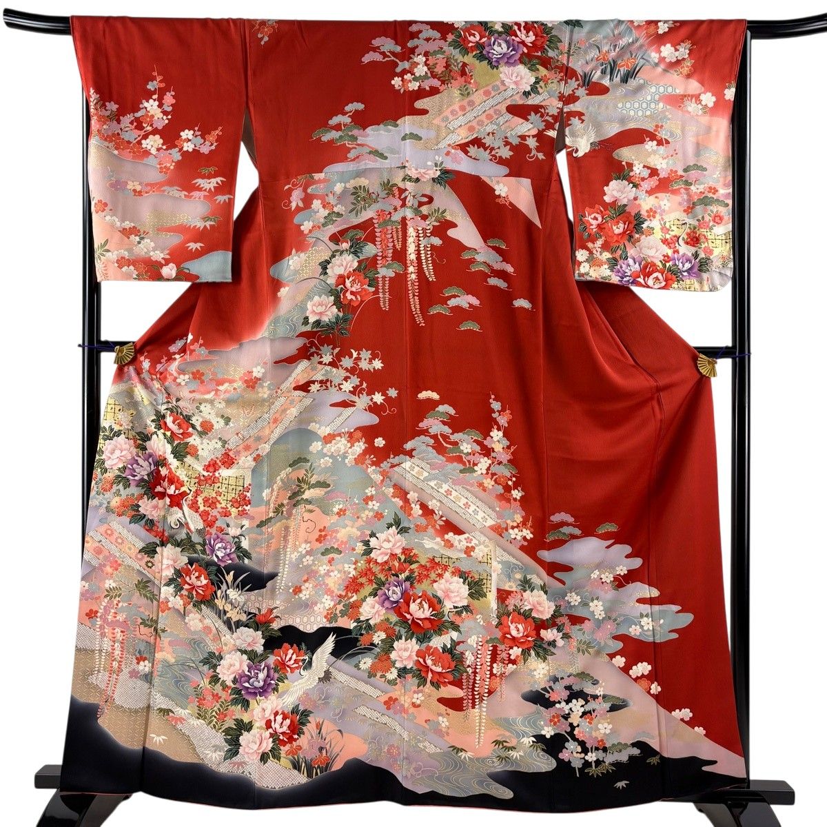 訪問着 身丈162cm 裄丈67cm M 袷 鶴 牡丹 金彩 ぼかし 茜色 正絹 秀品 【中古】