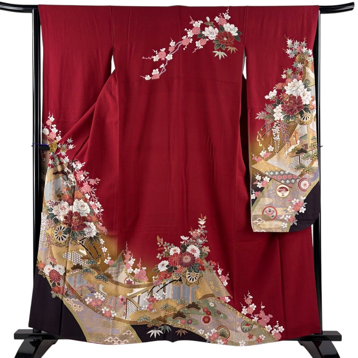 振袖 身丈161.5cm 裄丈65cm M 袷 花車 几帳 金糸 金彩 赤 正絹 秀品 【中古】 7,040円