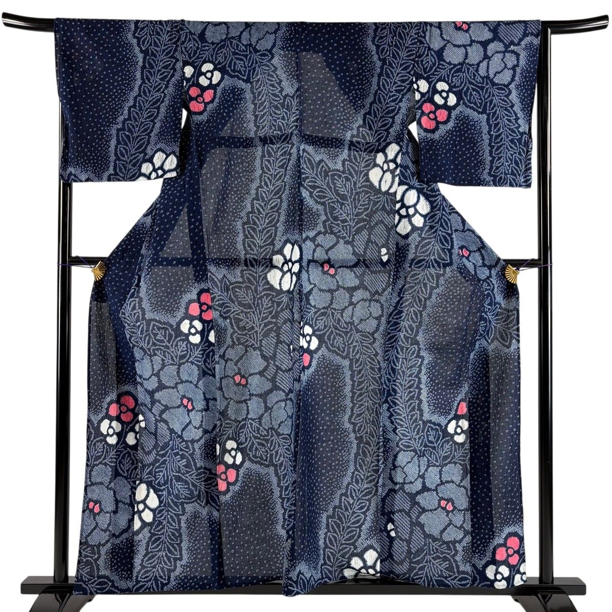 浴衣 身丈157cm 裄丈66.5cm M 絞り浴衣 草花 藍色 綿 名品 【中古】