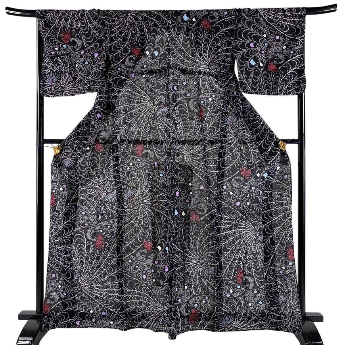 【美品】 浴衣 身丈163cm 裄丈68.5cm L 絞り浴衣 孔雀 黒 綿 名品 【中古】