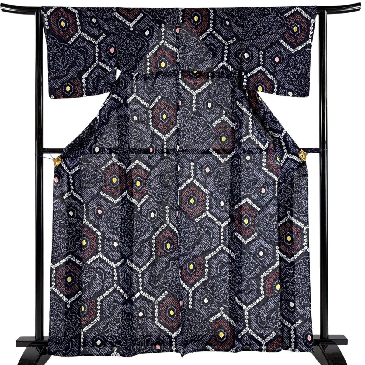 【美品】 浴衣 身丈163.5cm 裄丈62cm S 絞り浴衣 草花 亀甲 濃紺 綿 名品 【中古】