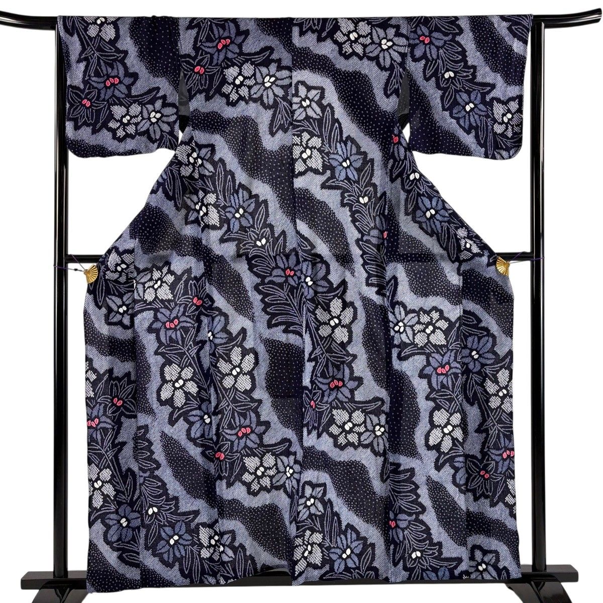 【美品】 浴衣 身丈159cm 裄丈65cm M 絞り浴衣 草花 濃紺 綿 名品 【中古】