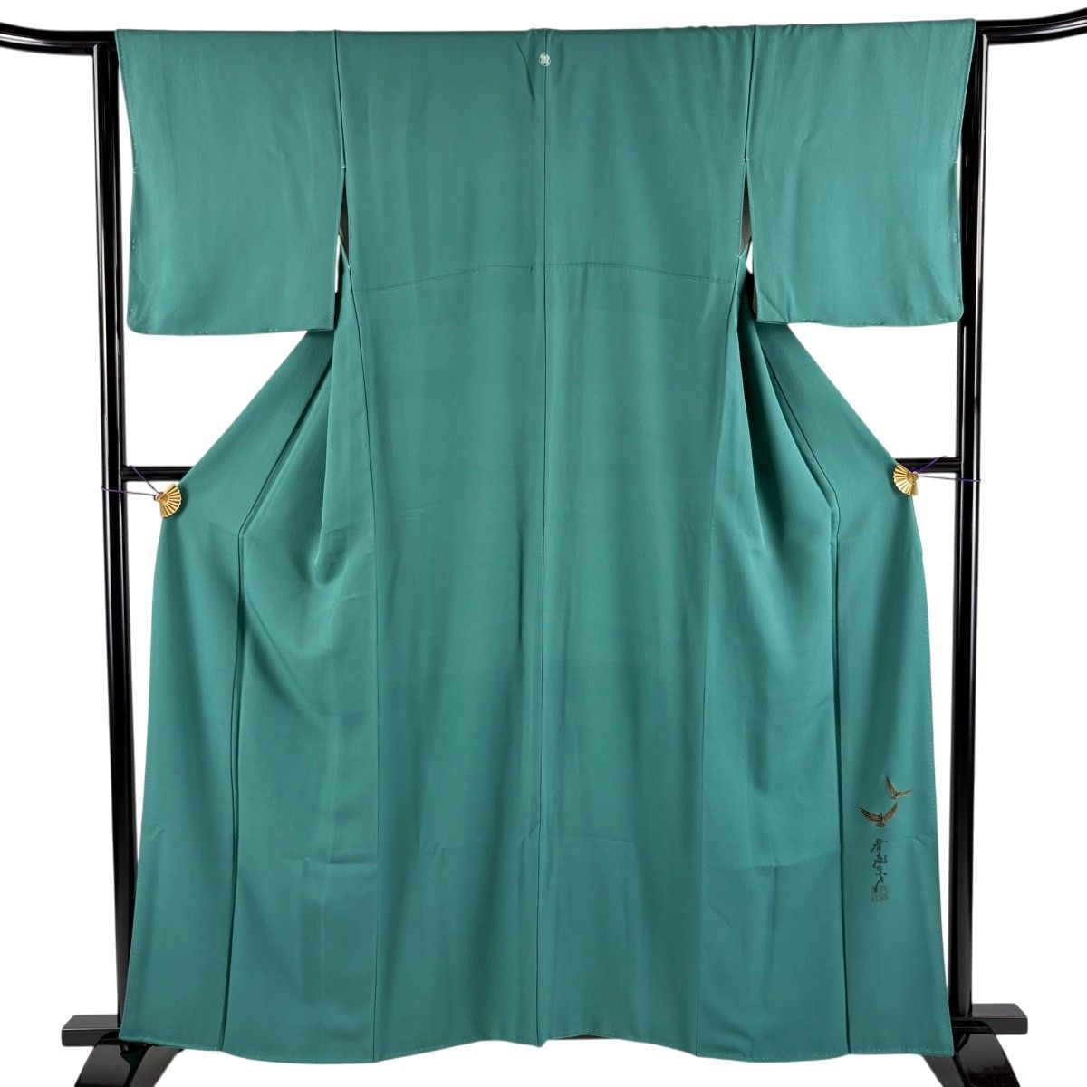 色無地 身丈158.5cm 裄丈64cm M 袷 斉藤三才 落款 緑 正絹 名品 一つ紋 【中古】