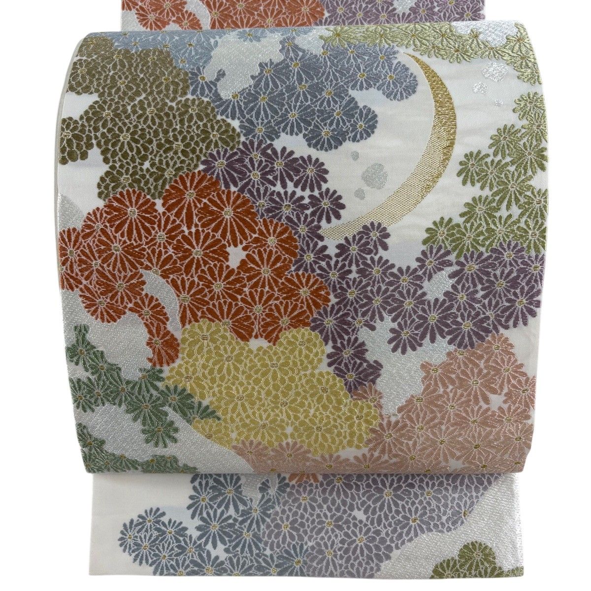 【美品】 袋帯 名品 菊 三日月 金糸 唐織 灰白 六通 正絹 【中古】
