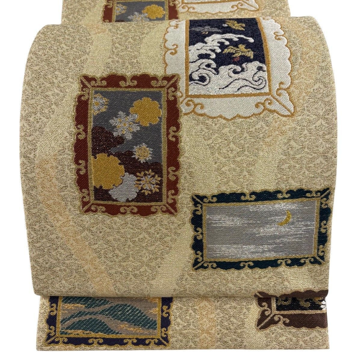 袋帯 名品 兆寿尽くし 鳥 金銀糸 箔 ベージュ 六通 正絹 【中古】