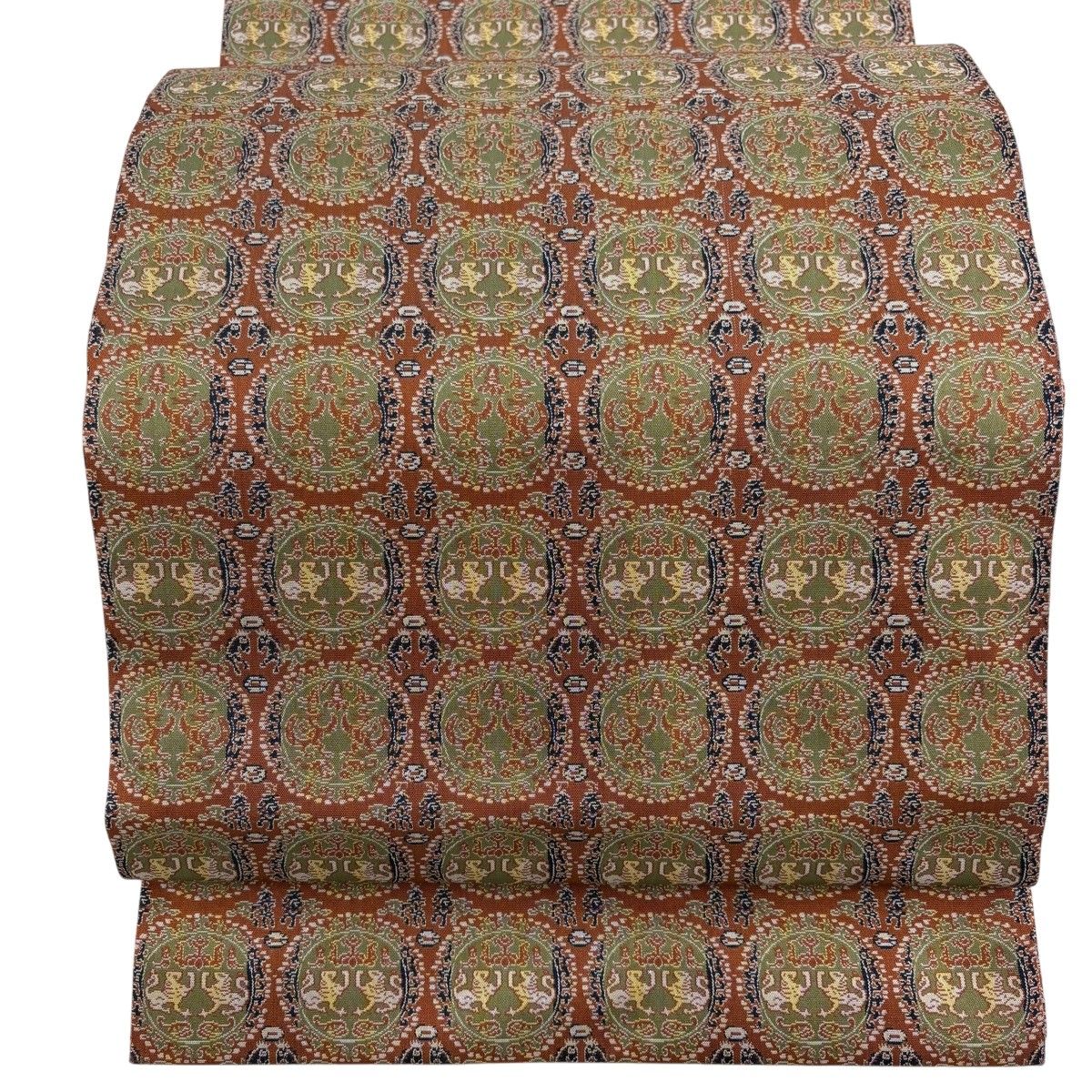 【美品】 開き名古屋帯 名品 龍村美術織物 比翼仕立て 丸文 動物 赤茶 正絹 【中古】