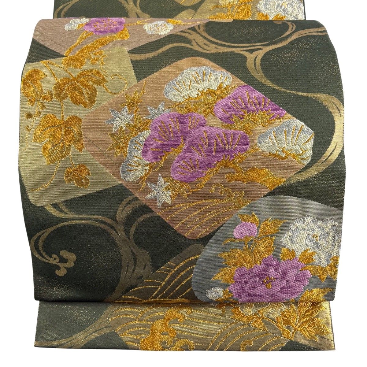 【美品】 袋帯 名品 帝王紫 落款 松 梅 金銀糸 箔 茶緑色 六通 正絹 【中古】
