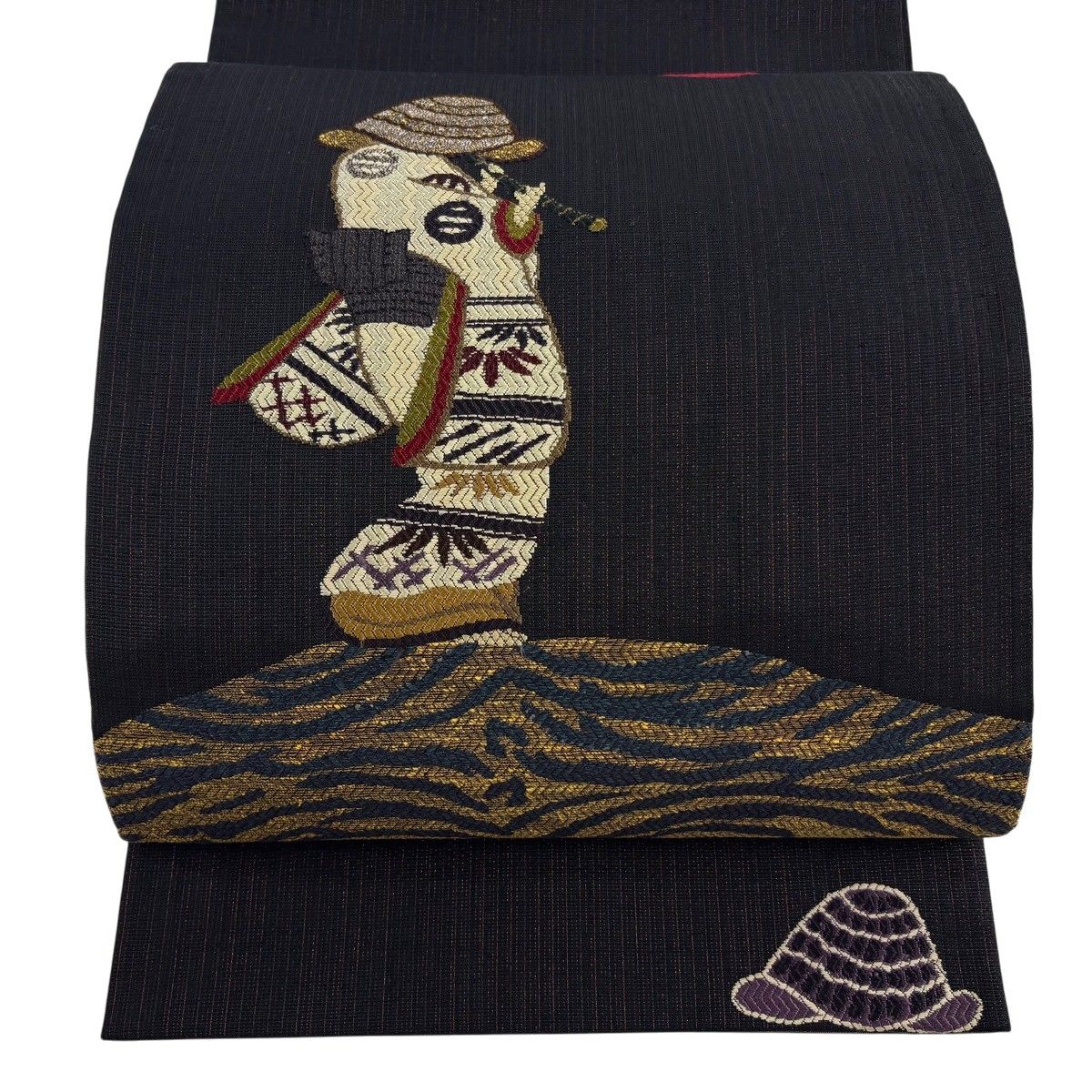 【美品】 袋帯 逸品 洛楽人 落款 人物 金糸 黒 お太鼓柄 正絹 【中古】
