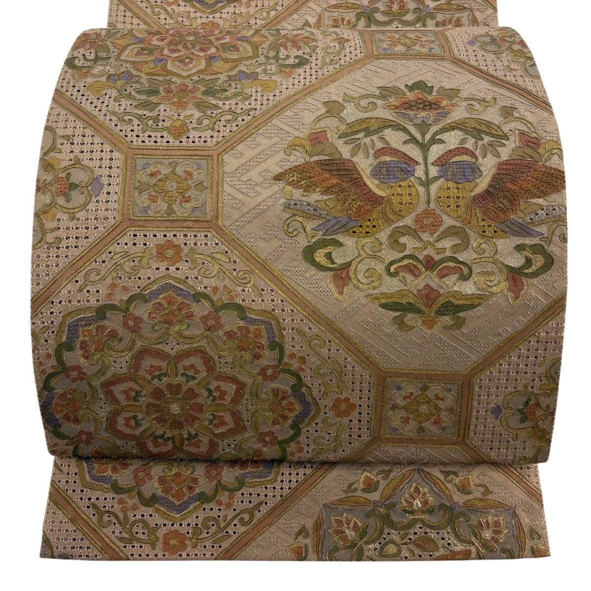 袋帯 逸品 華文 花鳥 金彩 刺繍 薄茶色 六通 正絹 【中古】 38,220円