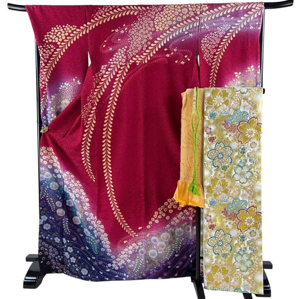 美品】 振袖 身丈171cm 裄丈68.5cm L 袷 袋帯フルセット 辻が花 金彩